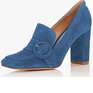 YDN Blue Chunky High Heels Square Toe Loafers Shoes Slip On Suede Buckle Pumps